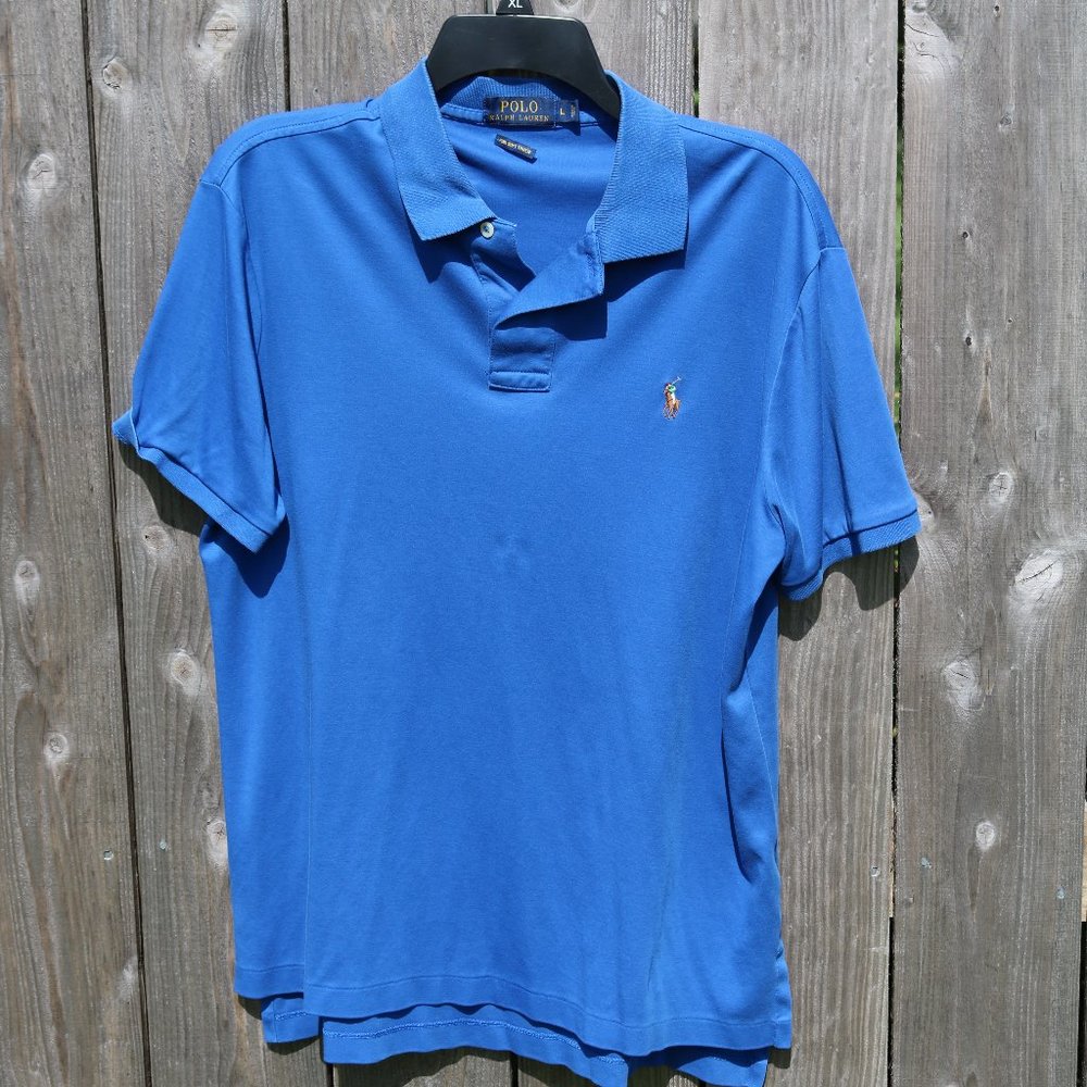 Polo by Ralph Lauren Men's Blue Polo Shirt With Multi Color Pony Logo
